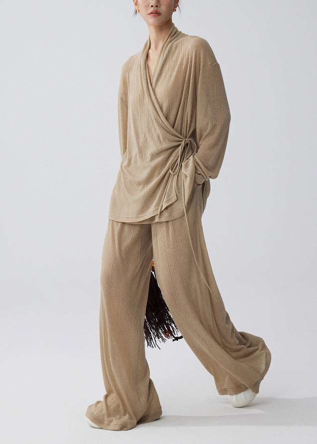 Plus Size Coffee Tie Waist Side Knit Two Pieces Set Summer