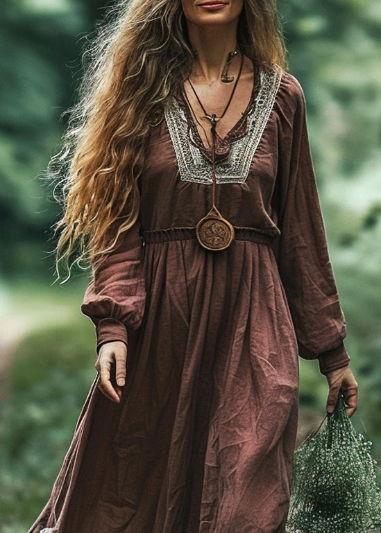 Plus Size Coffee V Neck Patchwork Cotton Long Dress Spring