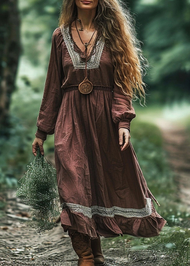 Plus Size Coffee V Neck Patchwork Cotton Long Dress Spring