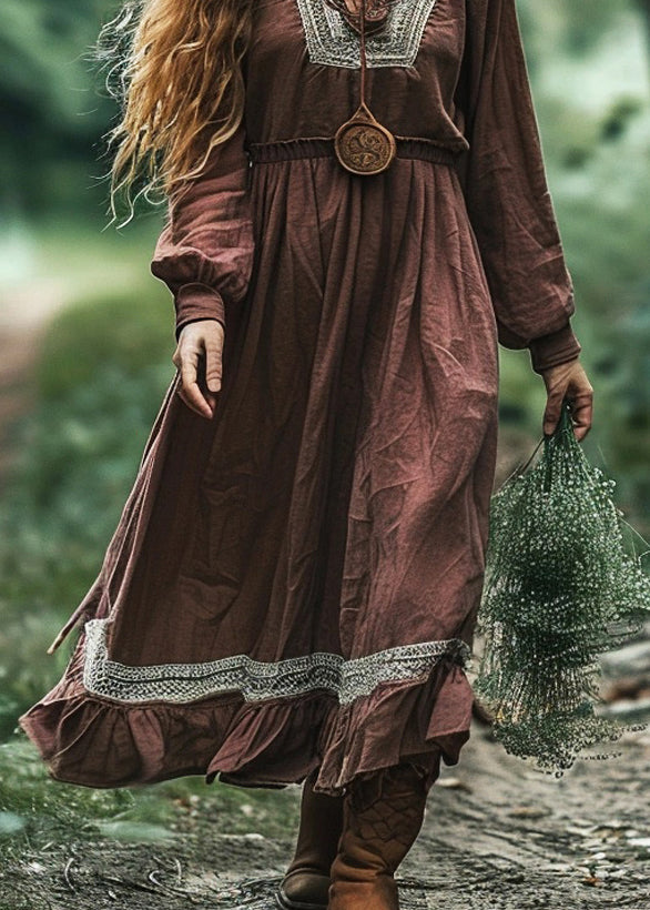 Plus Size Coffee V Neck Patchwork Cotton Long Dress Spring