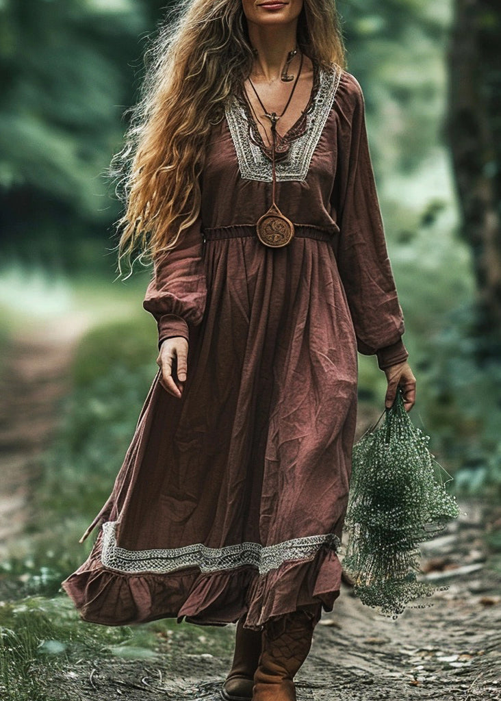 Plus Size Coffee V Neck Patchwork Cotton Long Dress Spring