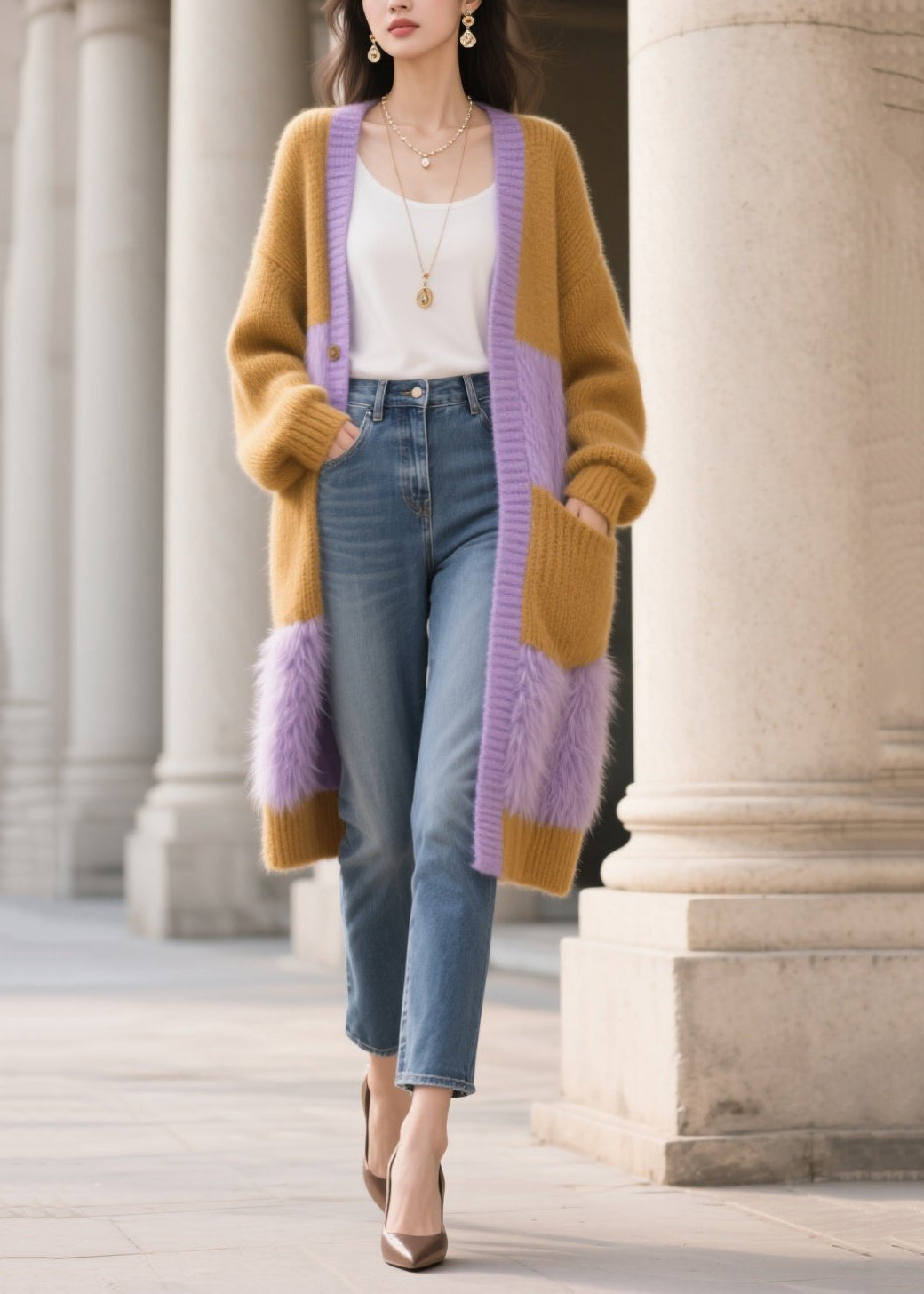 Plus Size Colorblock Oversized Patchwork Faux Fur Knit Cardigan Winter