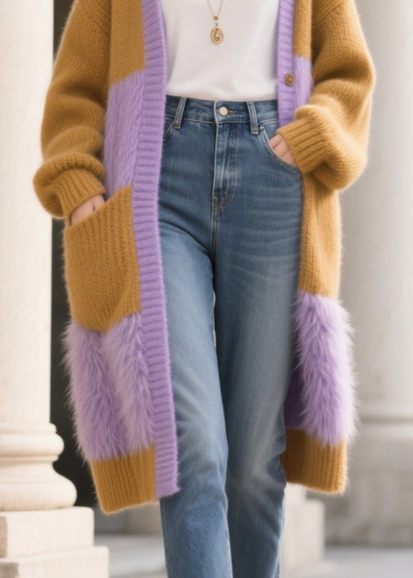 Plus Size Colorblock Oversized Patchwork Faux Fur Knit Cardigan Winter