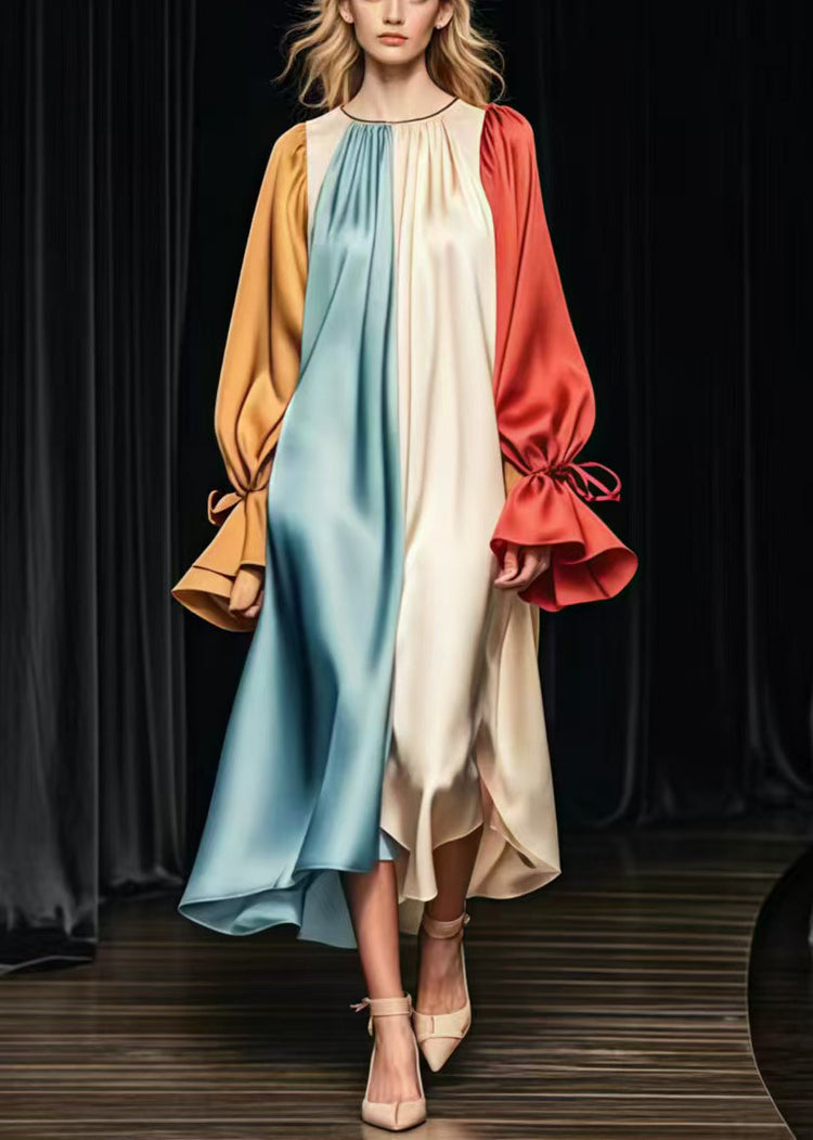 Plus Size Colorblock Oversized Patchwork Silk Long Dress Flare Sleeve - Omychic