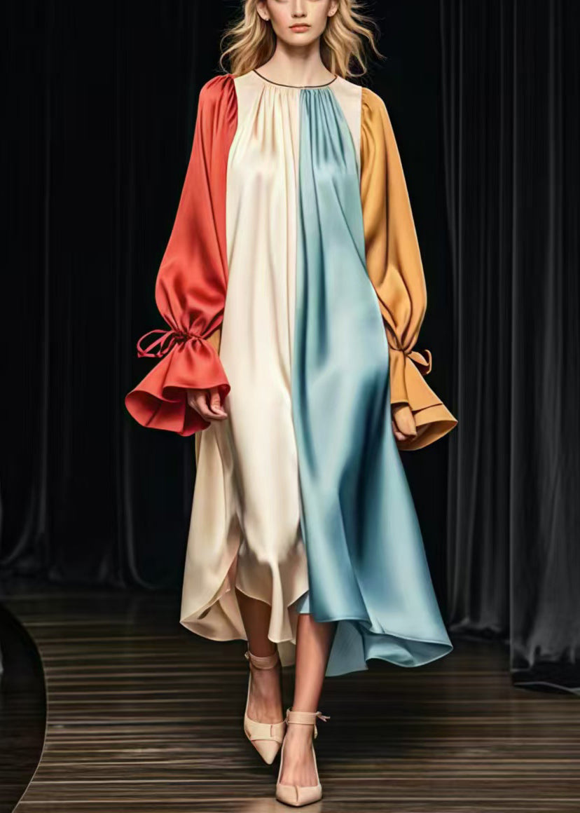 Plus Size Colorblock Oversized Patchwork Silk Long Dress Flare Sleeve - Omychic