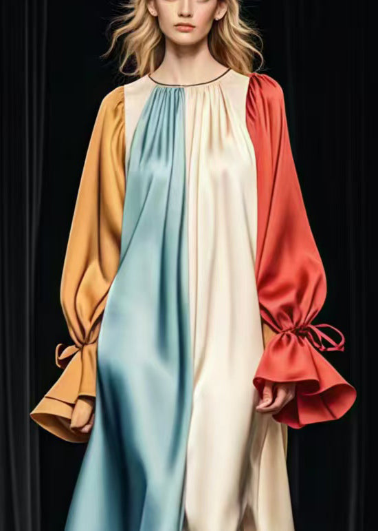 Plus Size Colorblock Oversized Patchwork Silk Long Dress Flare Sleeve - Omychic