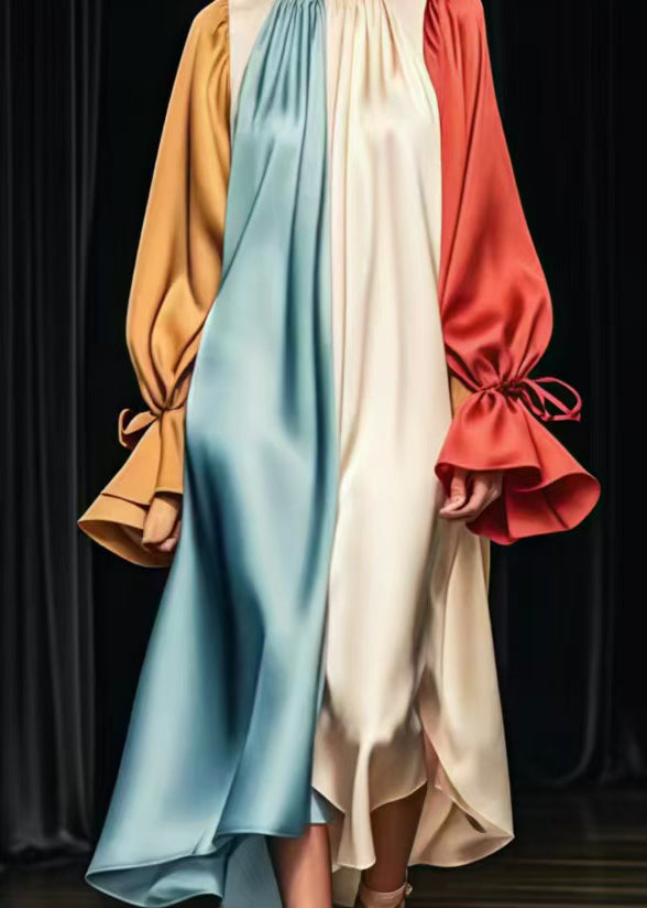 Plus Size Colorblock Oversized Patchwork Silk Long Dress Flare Sleeve - Omychic
