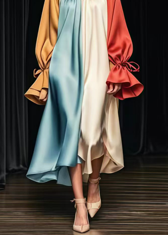 Plus Size Colorblock Oversized Patchwork Silk Long Dress Flare Sleeve - Omychic