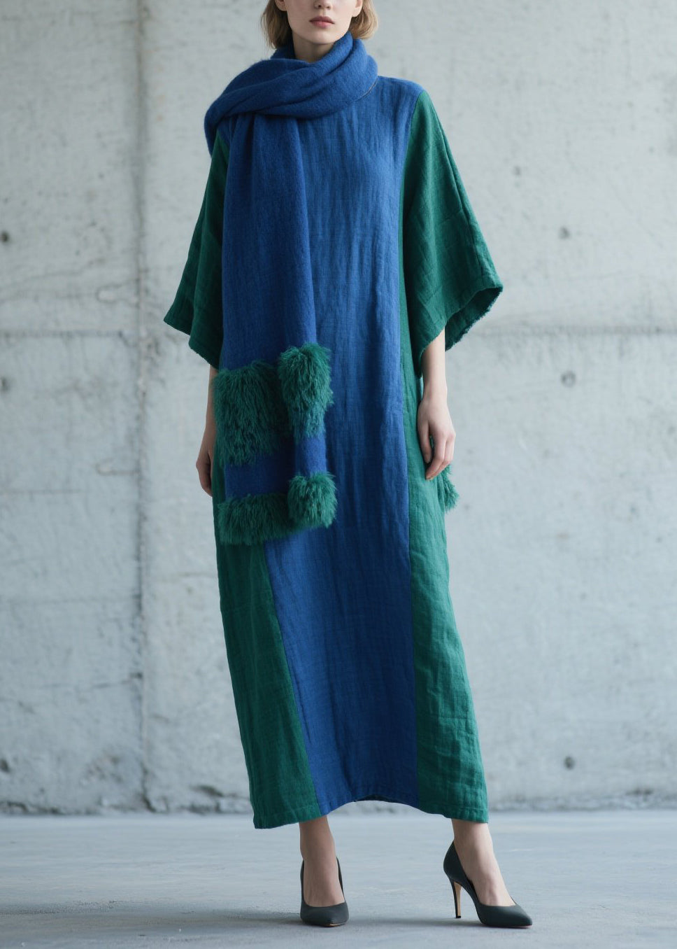 Plus Size Colorblock Patchwork Cotton Long Dress Fall