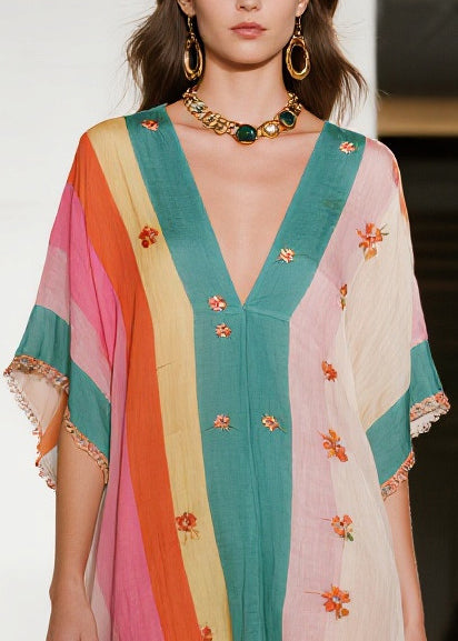 Plus Size Colorblock Ruffled Striped Cotton Mini Dress Summer