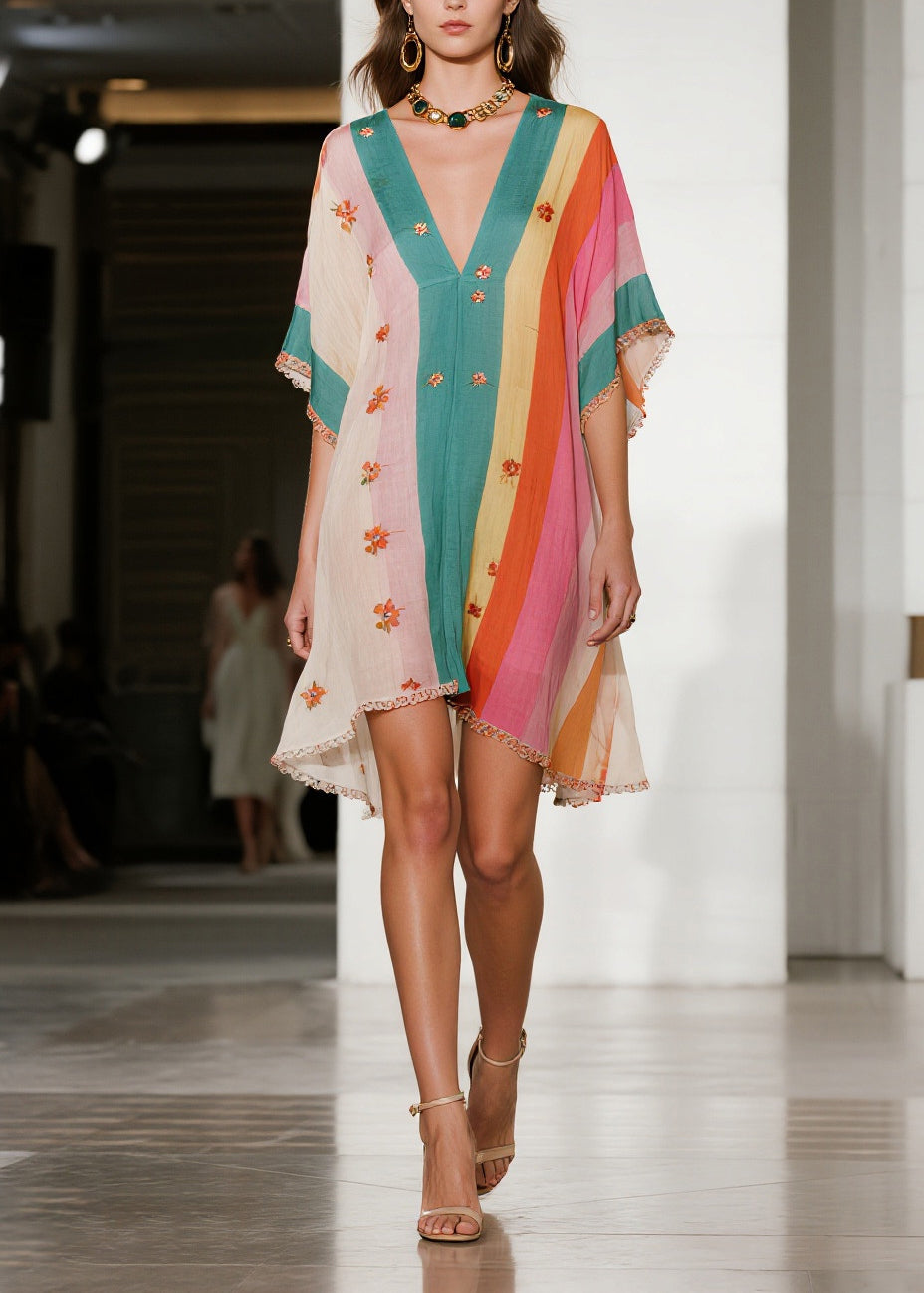 Plus Size Colorblock Ruffled Striped Cotton Mini Dress Summer
