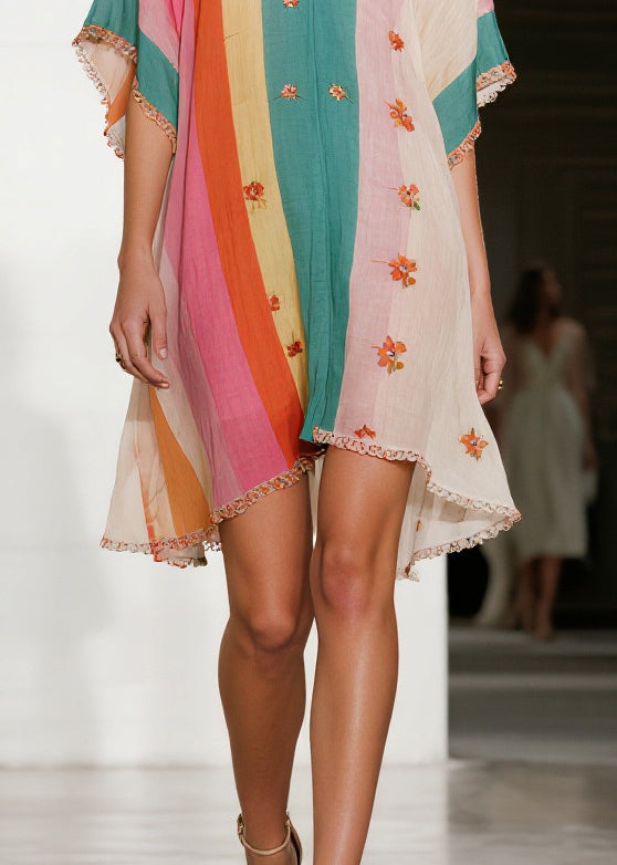 Plus Size Colorblock Ruffled Striped Cotton Mini Dress Summer