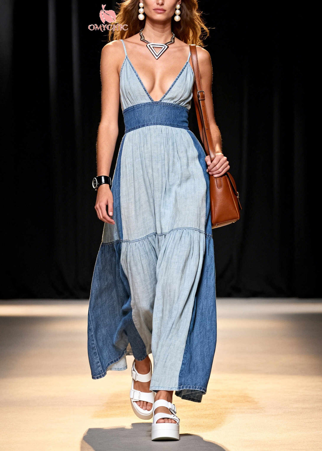 Plus Size Colorblock V Neck Patchwork Denim Vacation Dress Summer