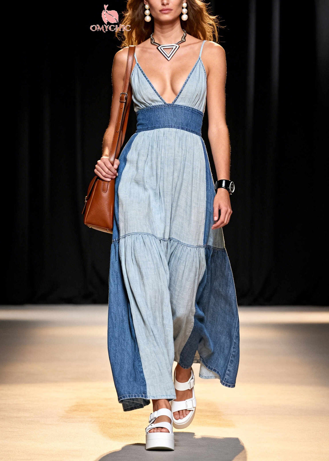 Plus Size Colorblock V Neck Patchwork Denim Vacation Dress Summer