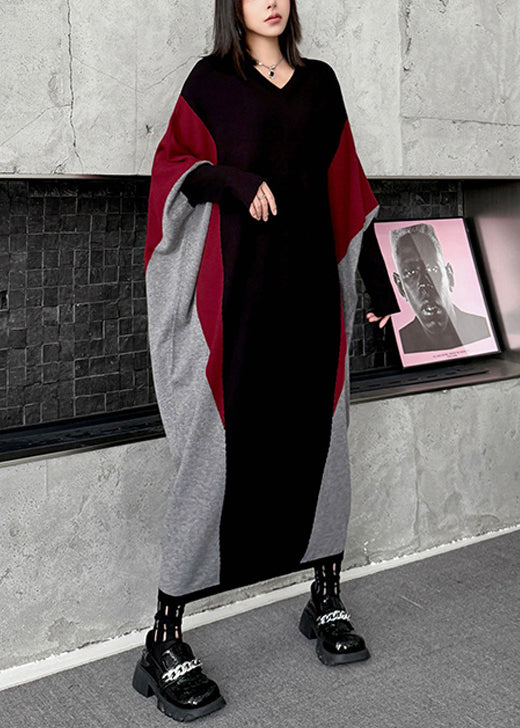 Plus Size Colorblock V Neck Patchwork Knitwear Dress Batwing Sleeve - Omychic