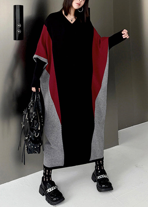 Plus Size Colorblock V Neck Patchwork Knitwear Dress Batwing Sleeve - Omychic