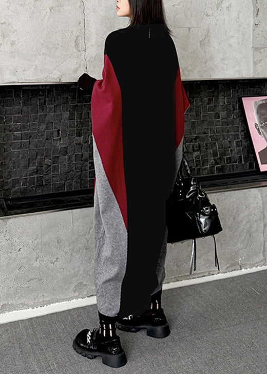 Plus Size Colorblock V Neck Patchwork Knitwear Dress Batwing Sleeve - Omychic
