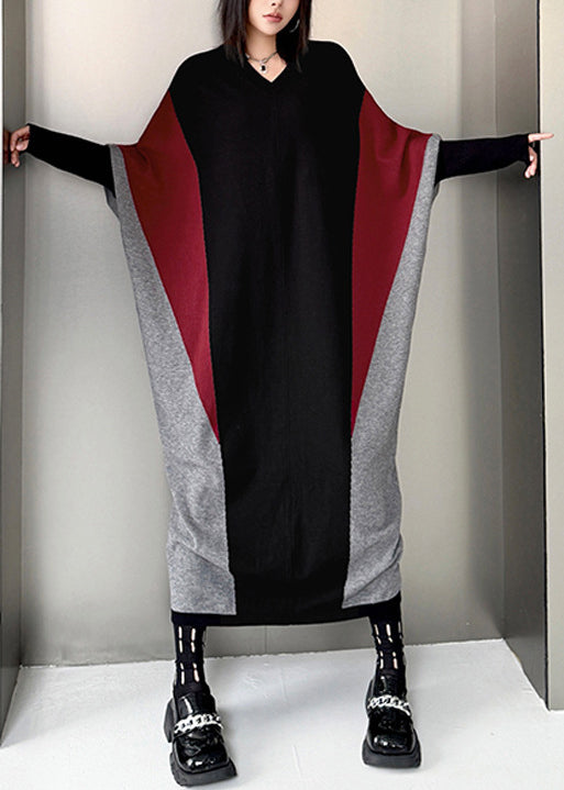 Plus Size Colorblock V Neck Patchwork Knitwear Dress Batwing Sleeve