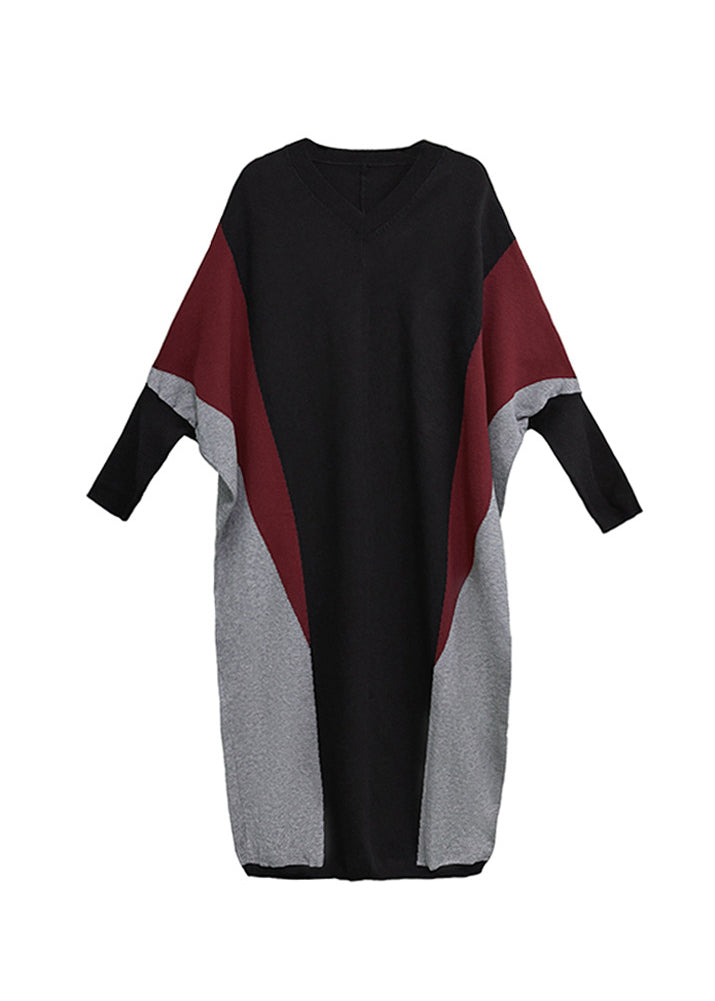 Plus Size Colorblock V Neck Patchwork Knitwear Dress Batwing Sleeve - Omychic