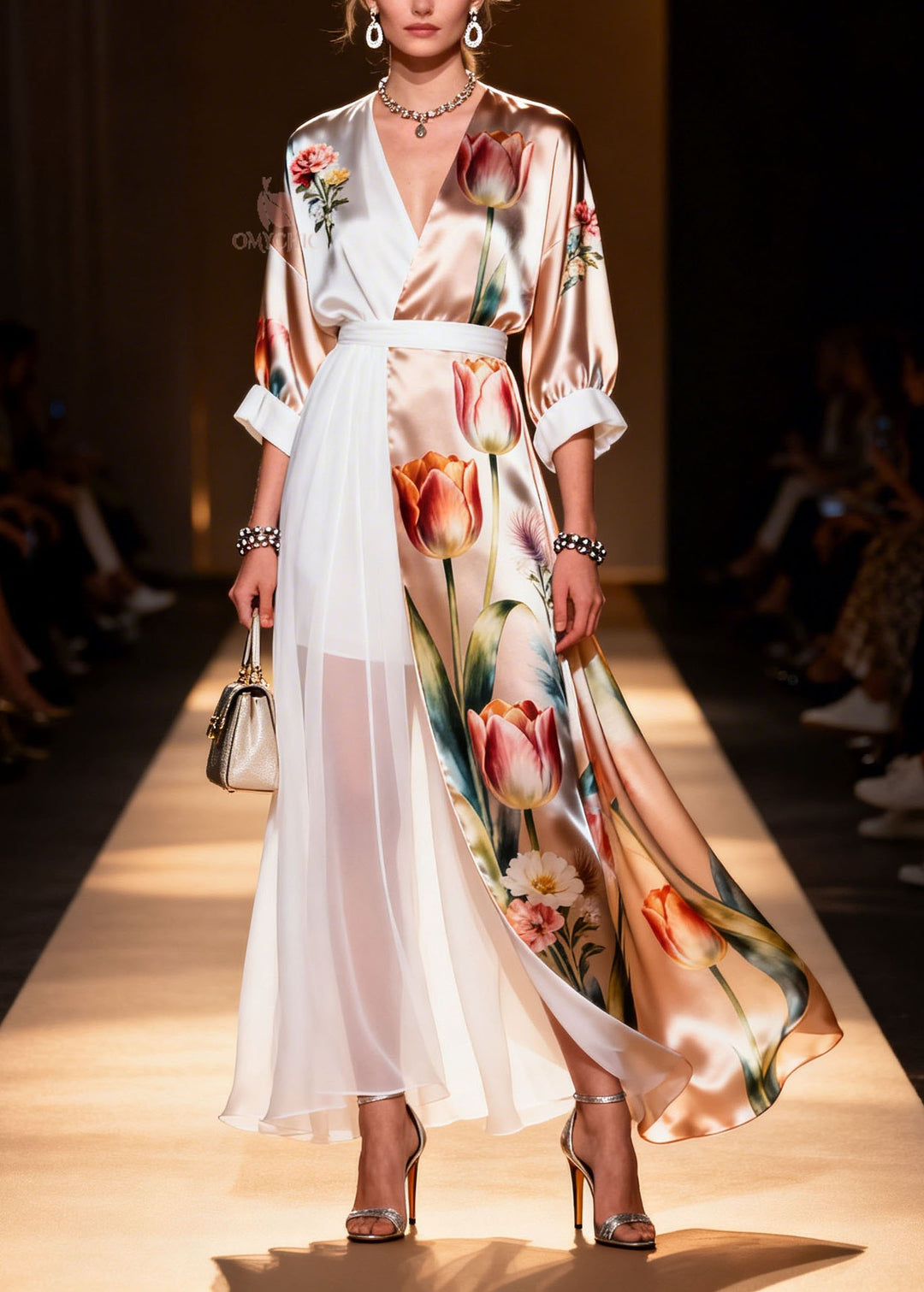 Plus Size Colorblock V Neck Print Chiffon Dress Summer