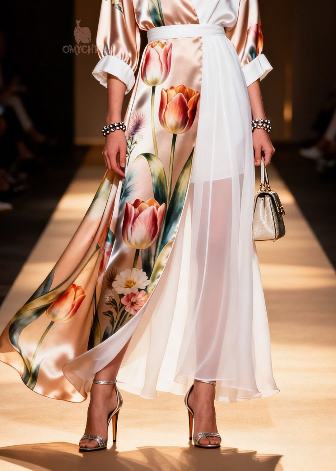 Plus Size Colorblock V Neck Print Chiffon Dress Summer