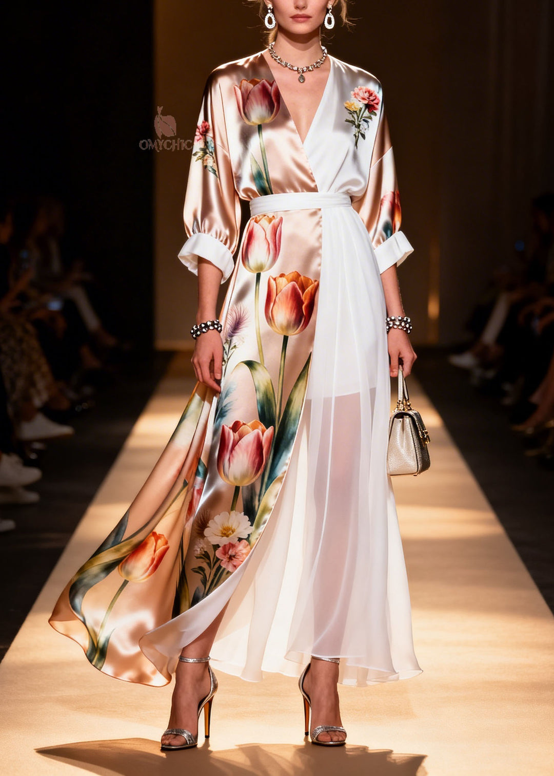 Plus Size Colorblock V Neck Print Chiffon Dress Summer