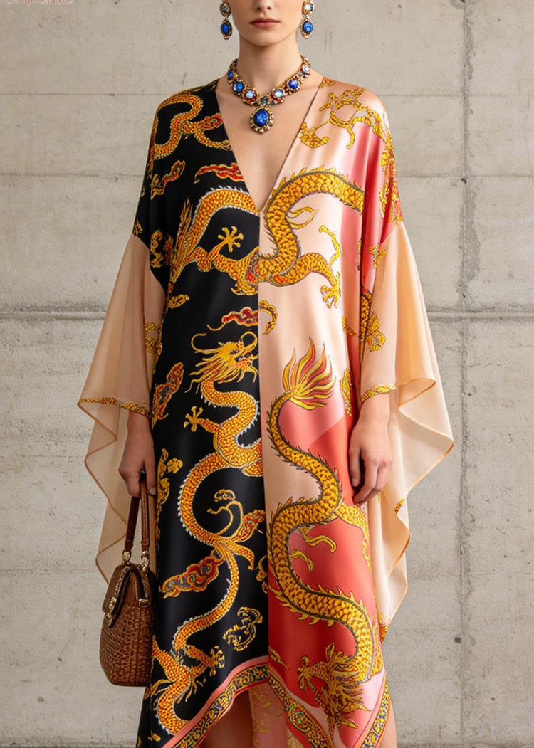 Plus Size Colorblock V Neck Print Chiffon Maxi Dress Summer - Omychic