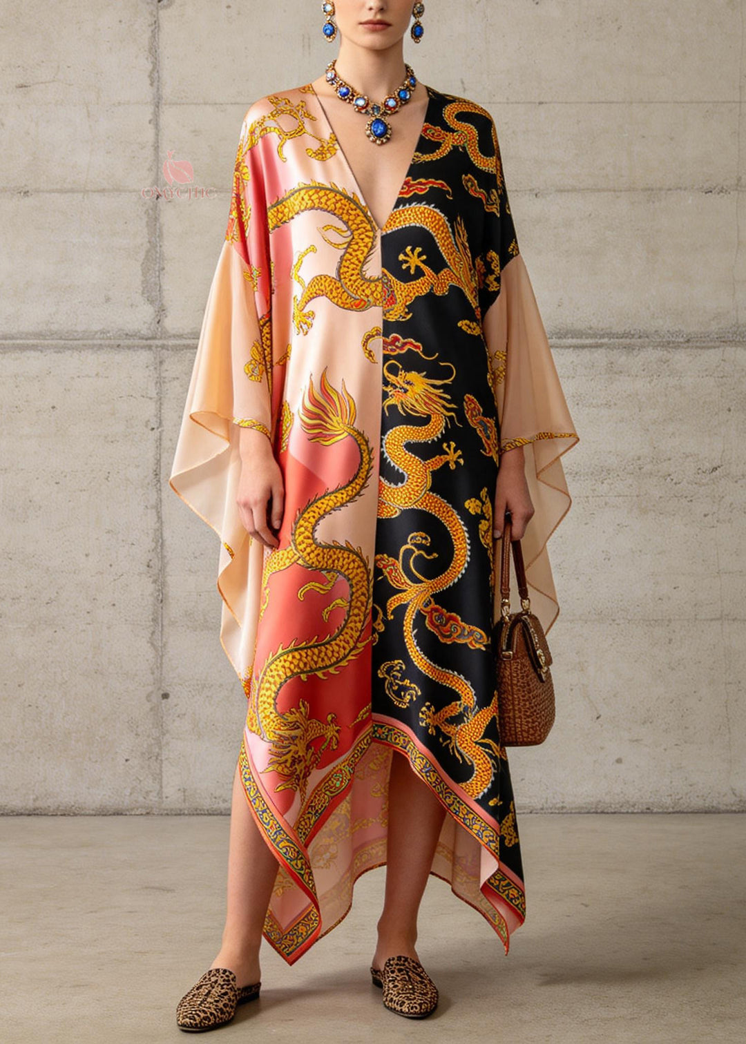 Plus Size Colorblock V Neck Print Chiffon Maxi Dress Summer - Omychic