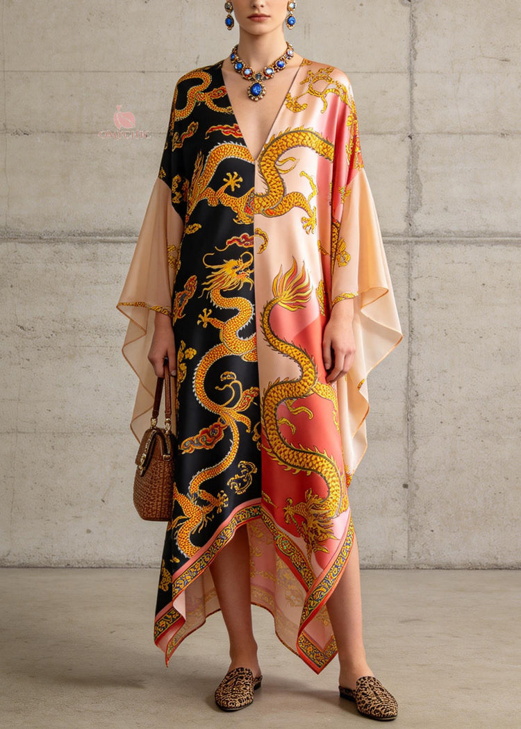 Plus Size Colorblock V Neck Print Chiffon Maxi Dress Summer - Omychic
