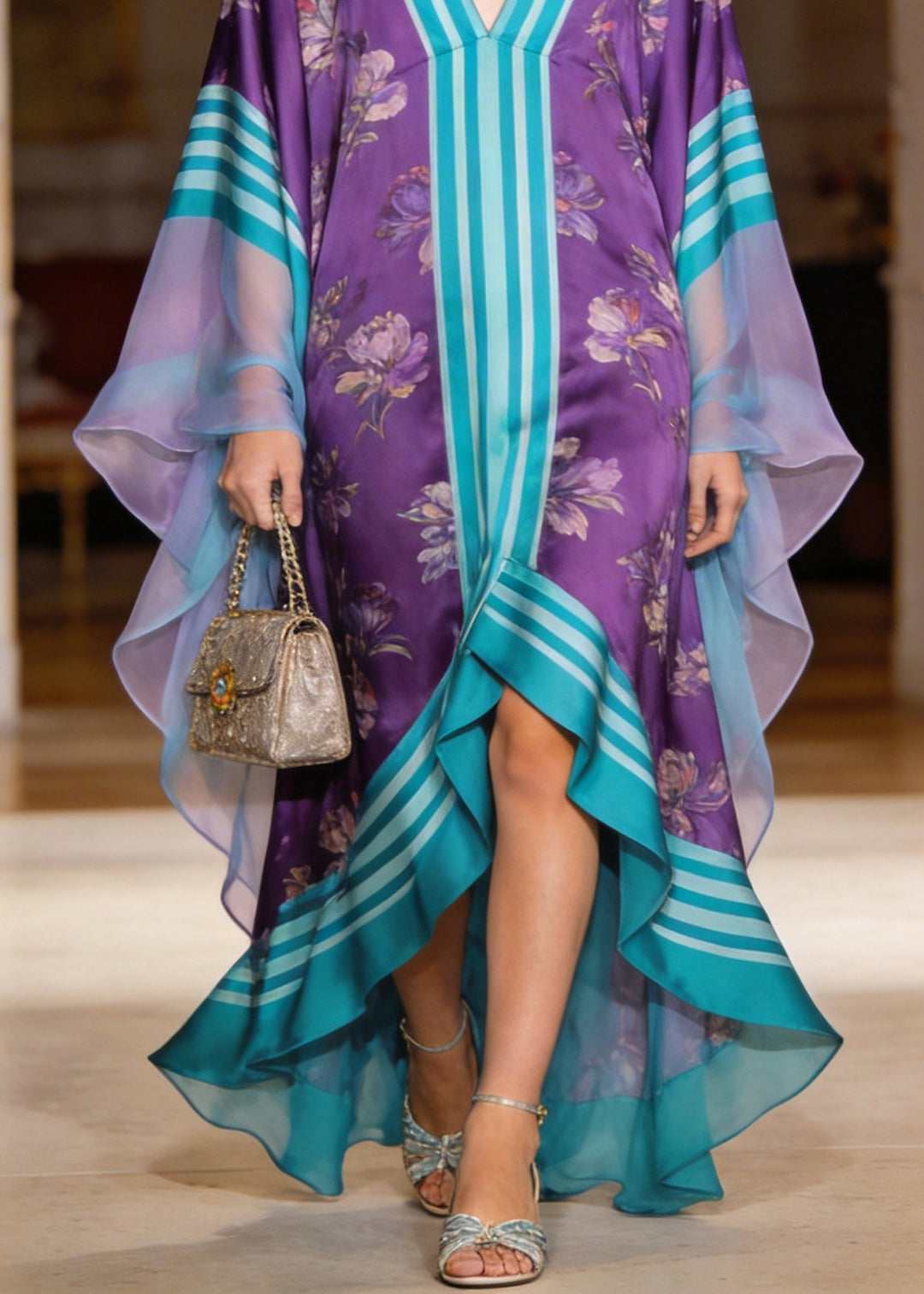 Plus Size Colorblock V Neck Print Patchwork Chiffon Robe Dresses Summer