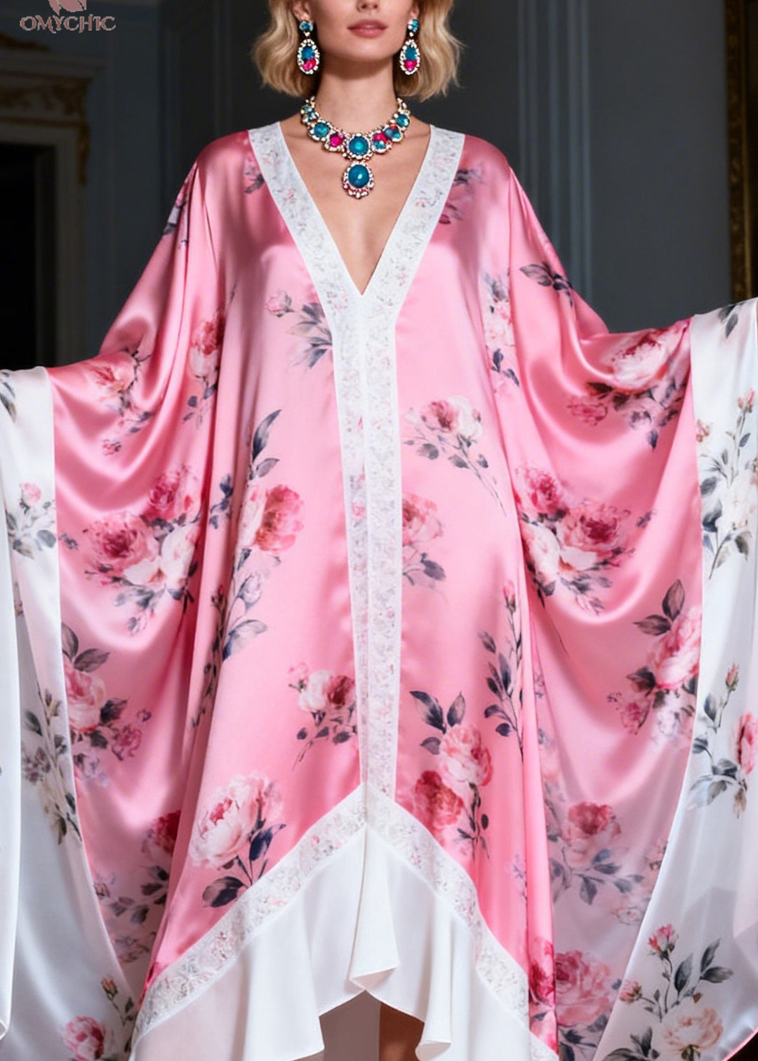 Plus Size Colorblock V Neck Print Patchwork Silk Robe Dresses Summer
