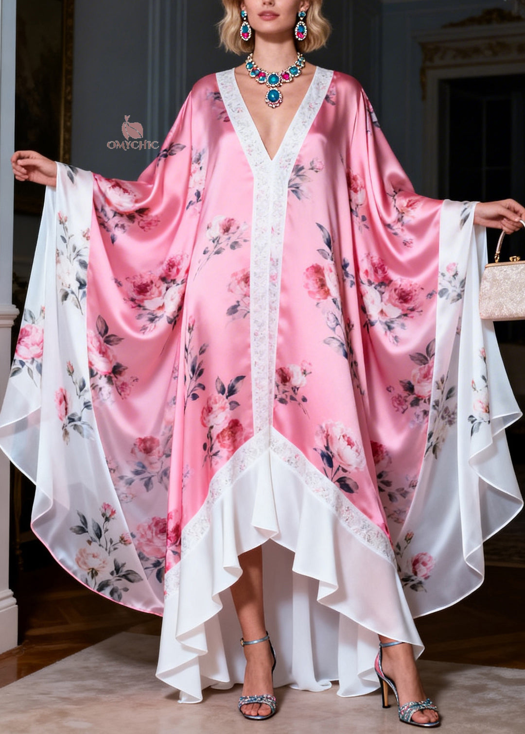 Plus Size Colorblock V Neck Print Patchwork Silk Robe Dresses Summer