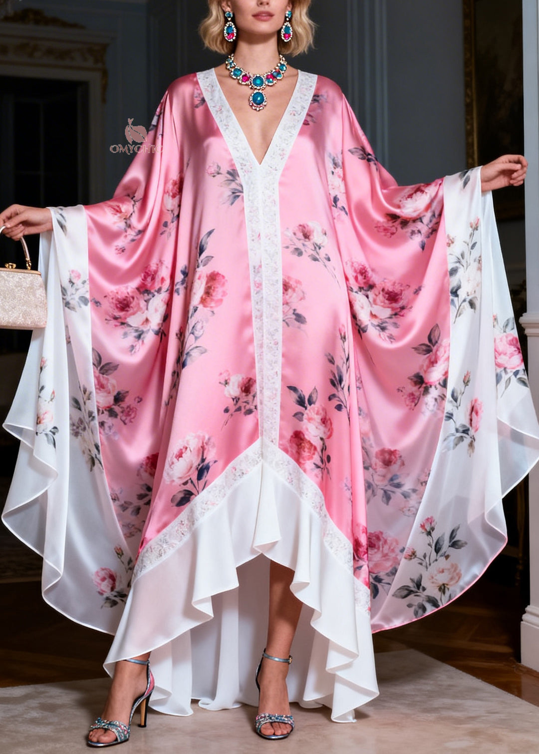 Plus Size Colorblock V Neck Print Patchwork Silk Robe Dresses Summer