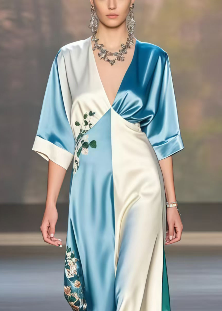 Plus Size Colorblock V Neck Print Silk Dresses Half Sleeve