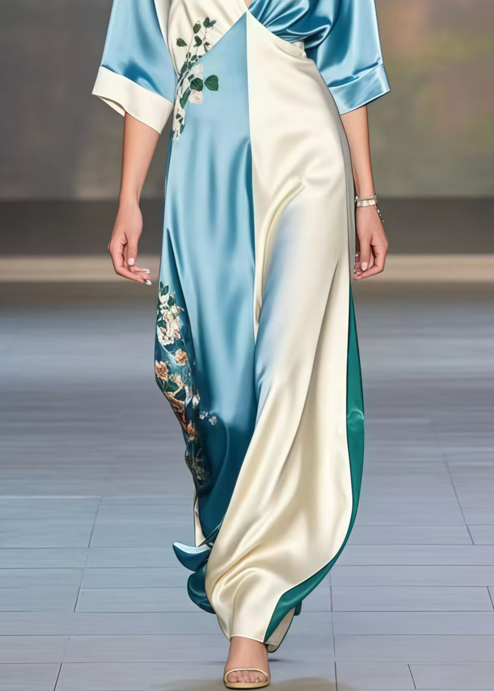 Plus Size Colorblock V Neck Print Silk Dresses Half Sleeve