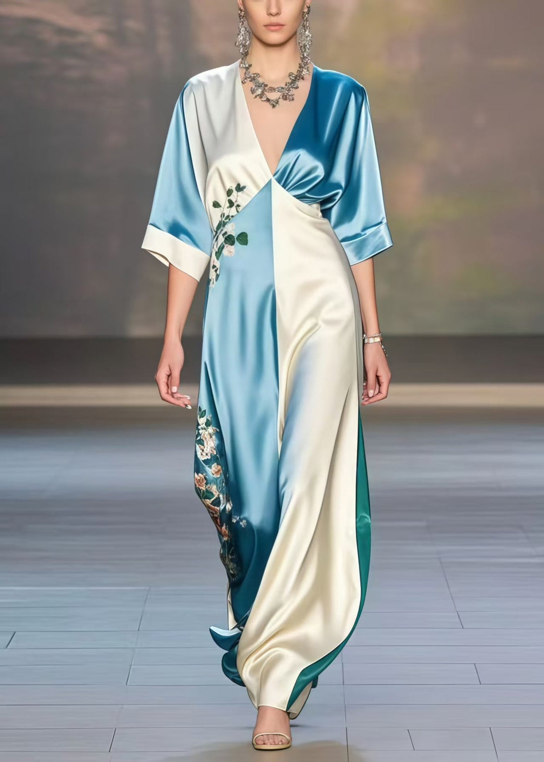 Plus Size Colorblock V Neck Print Silk Dresses Half Sleeve