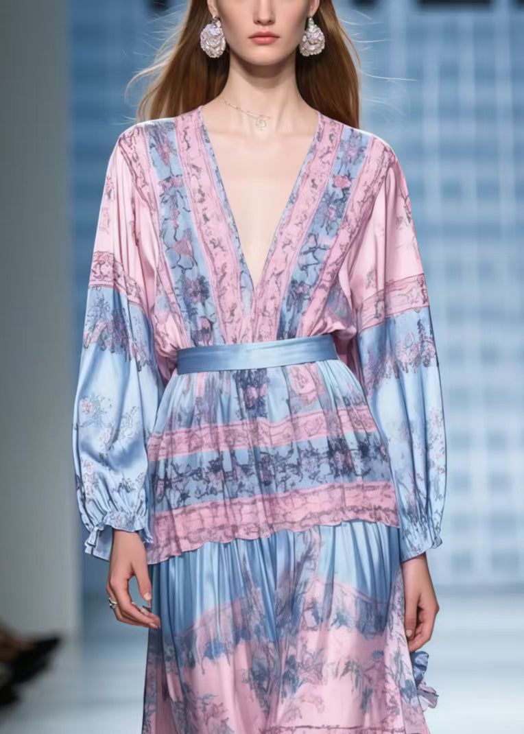 Plus Size Colorblock V Neck Print Silk Tunic Dresses Spring