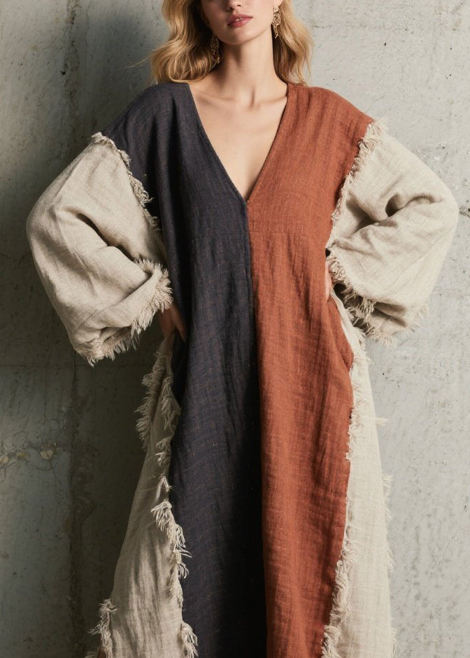 Plus Size Colorblock V Neck Tassel Patchwork Cotton Dress Fall