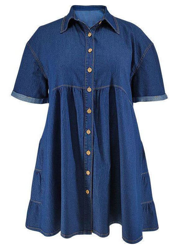 Plus Size Dark Blue Peter Pan Collar Patchwork Mid Dresses Short Sleeve
