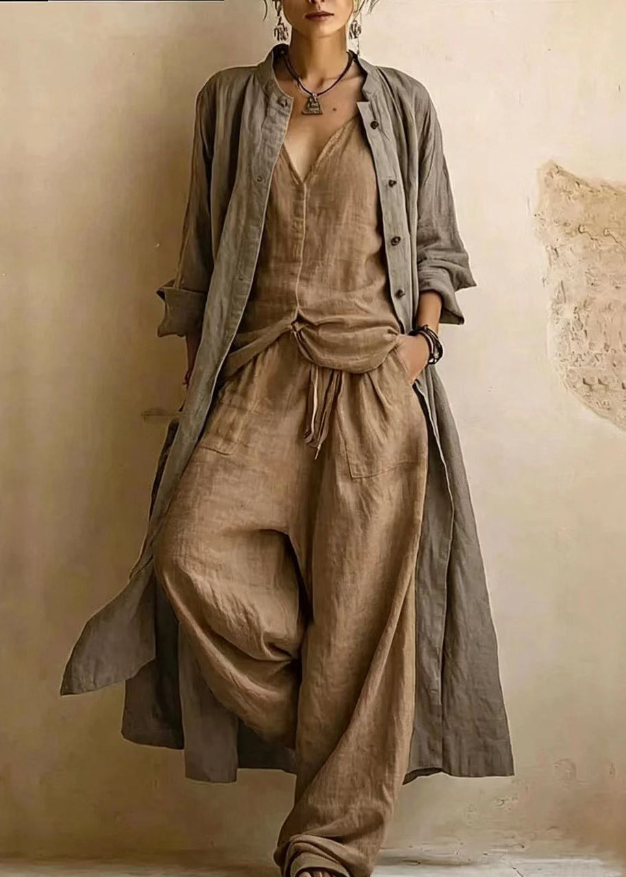 Plus Size Dark Brown O-Neck Cardigans Top And Wide Leg Pants Three Pieces Set Long Sleeve