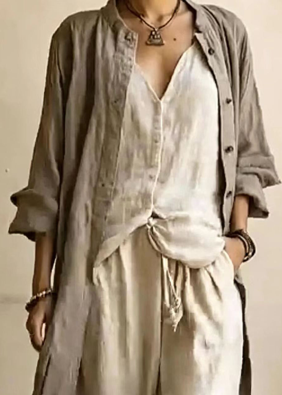 Plus Size Dark Brown O-Neck Cardigans Top And Wide Leg Pants Three Pieces Set Long Sleeve