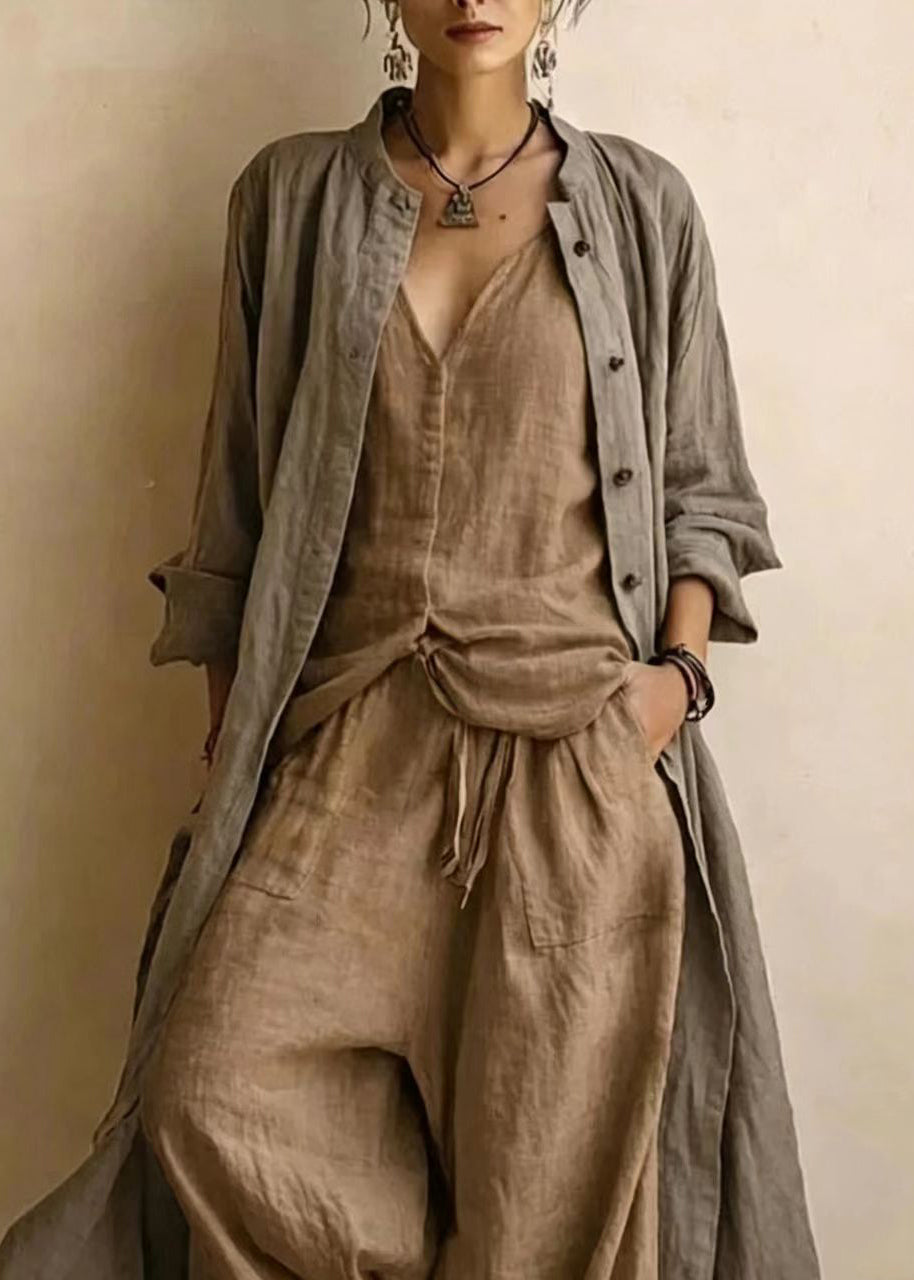 Plus Size Dark Brown O-Neck Cardigans Top And Wide Leg Pants Three Pieces Set Long Sleeve