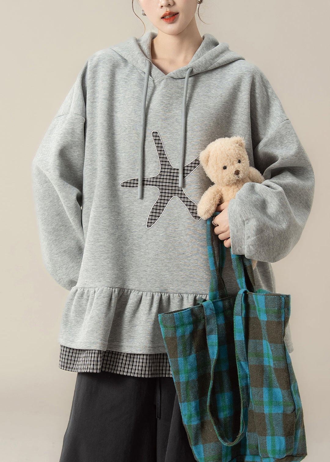 Plus Size Dark Grey False Two Pieces Patchwork Hooded Cotton Sweatshirts Fall