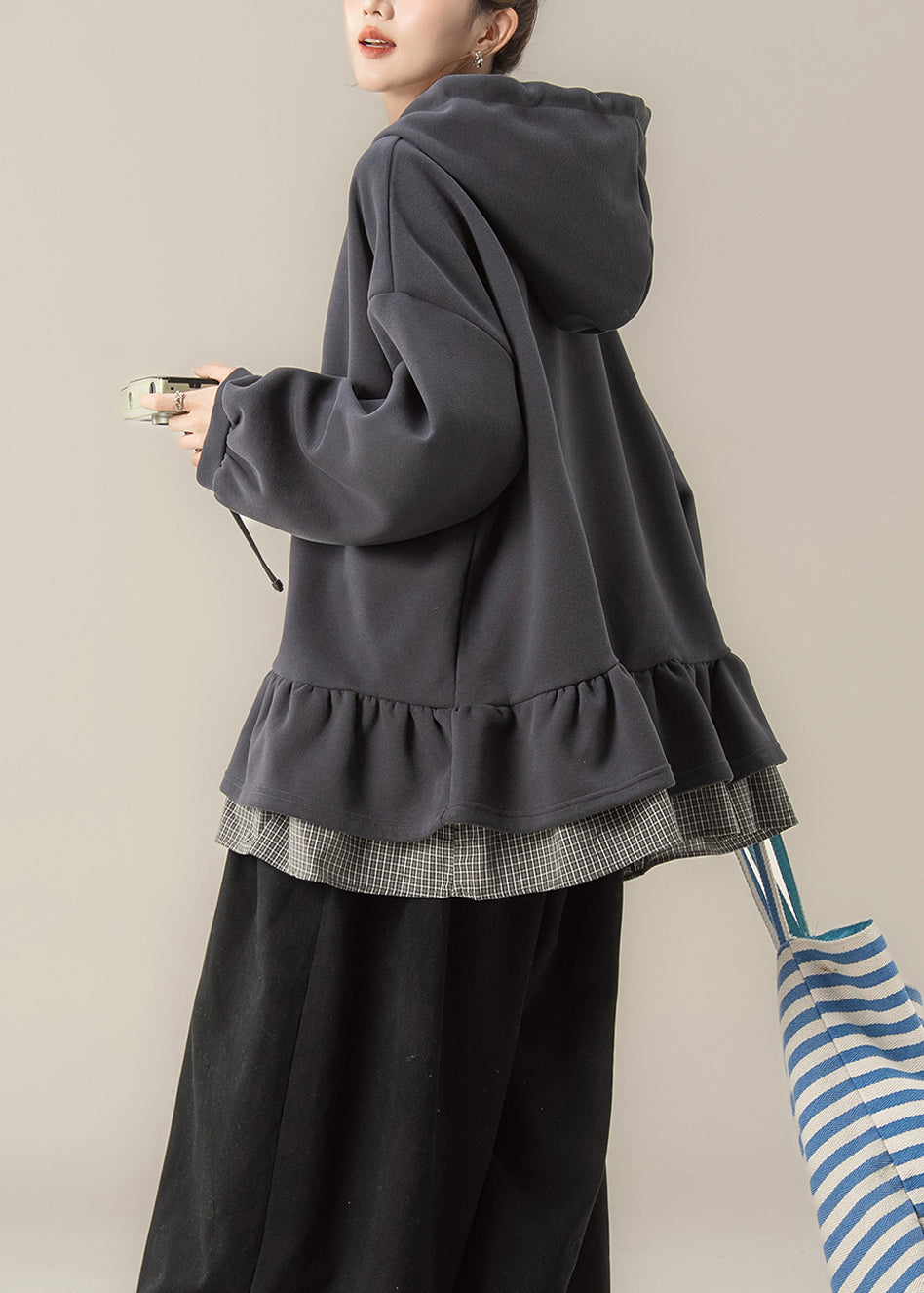 Plus Size Dark Grey False Two Pieces Patchwork Hooded Cotton Sweatshirts Fall