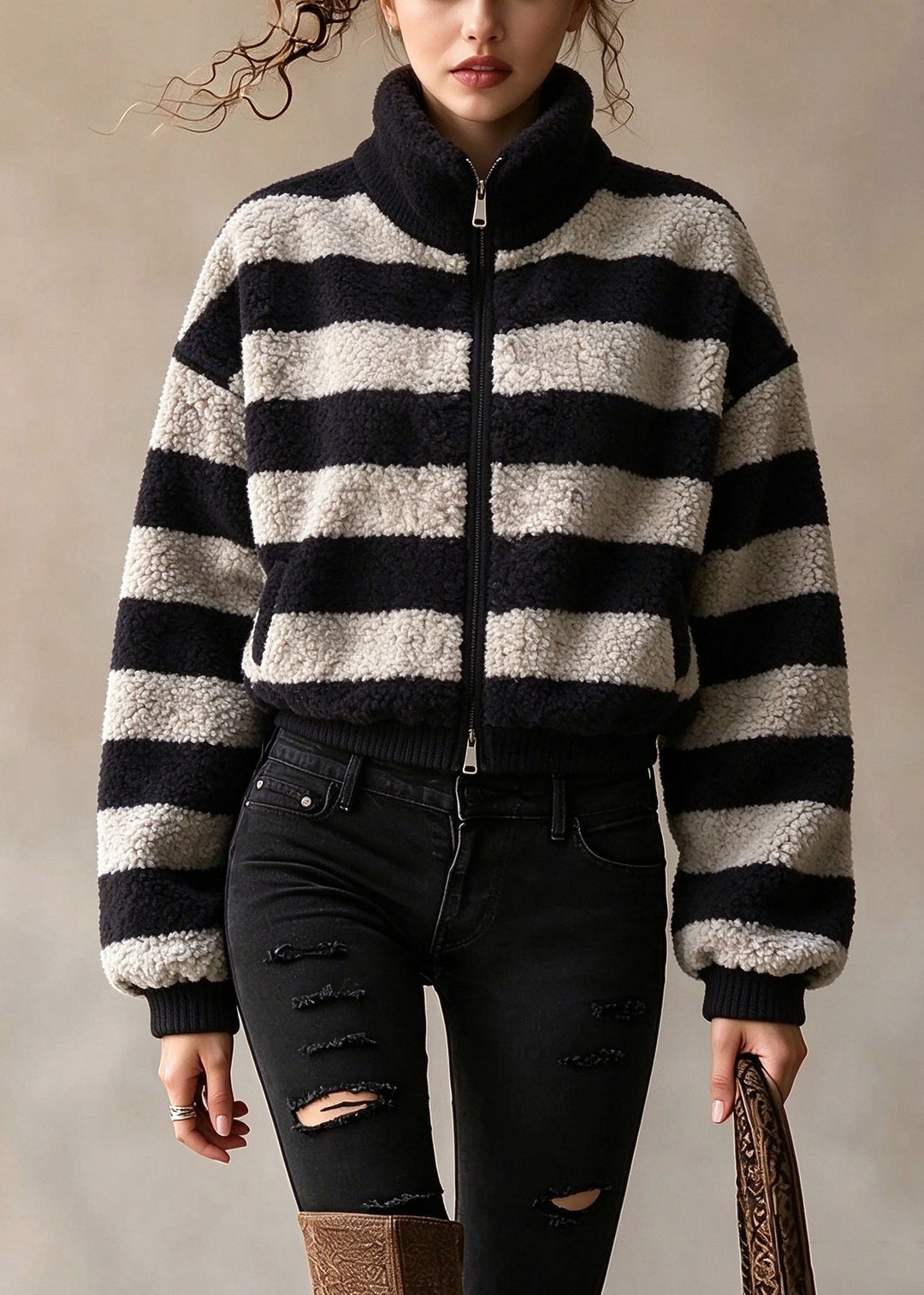 Plus Size Dark Grey Hign Neck Zippered Woolen Jackets Winter