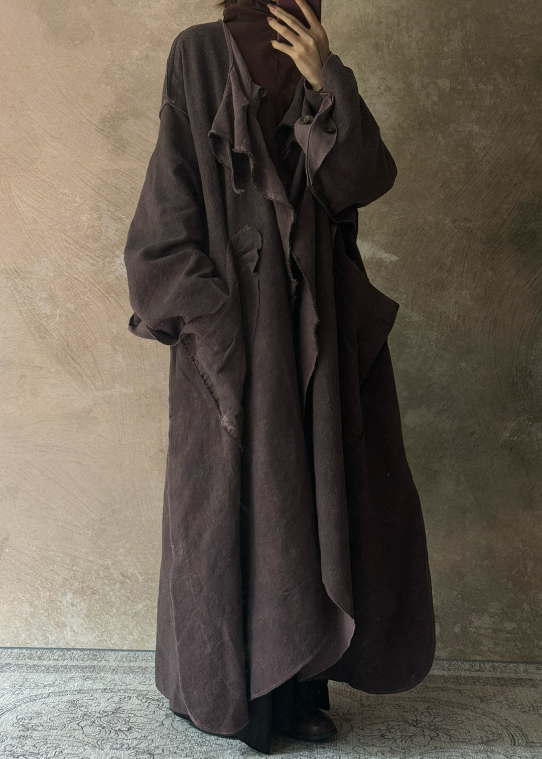 Plus Size Dark Purple Pockets Patchwork Wear On Both Sides Trench Coats Long Sleeve