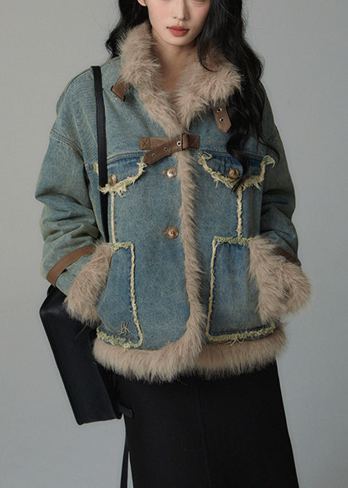 Plus Size Denim Blue Fluffy Pockets Patchwork Cotton Filled Parkas Winter