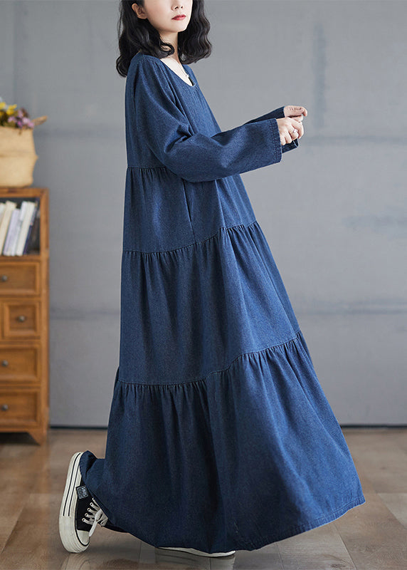 Plus Size Denim Blue O-Neck Wrinkled Patchwork Long Dresses