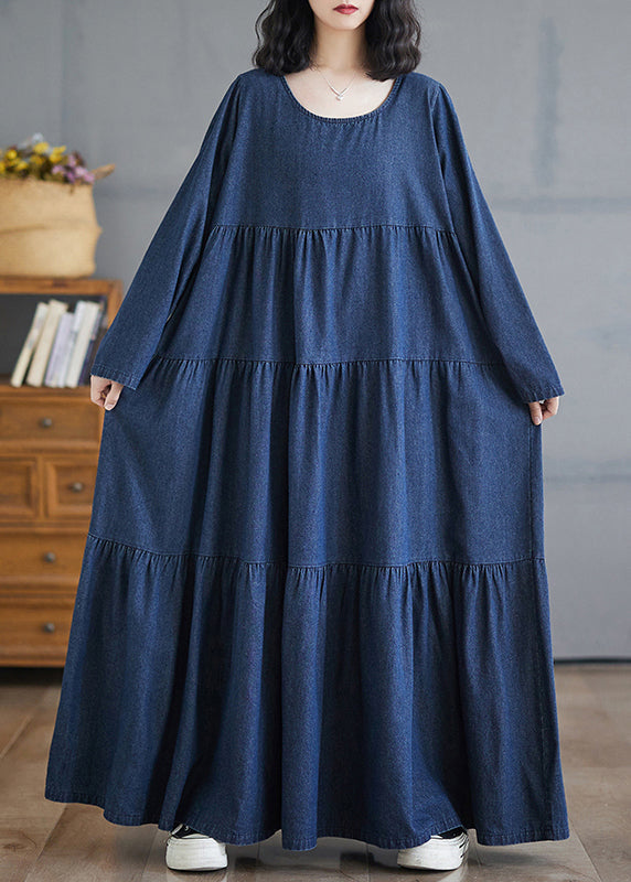 Plus Size Denim Blue O-Neck Wrinkled Patchwork Long Dresses