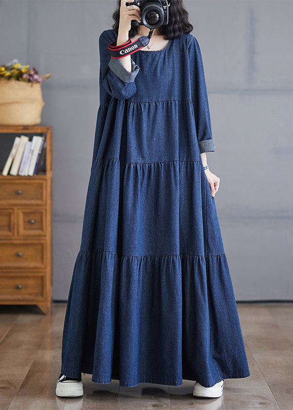 Plus Size Denim Blue O-Neck Wrinkled Patchwork Long Dresses